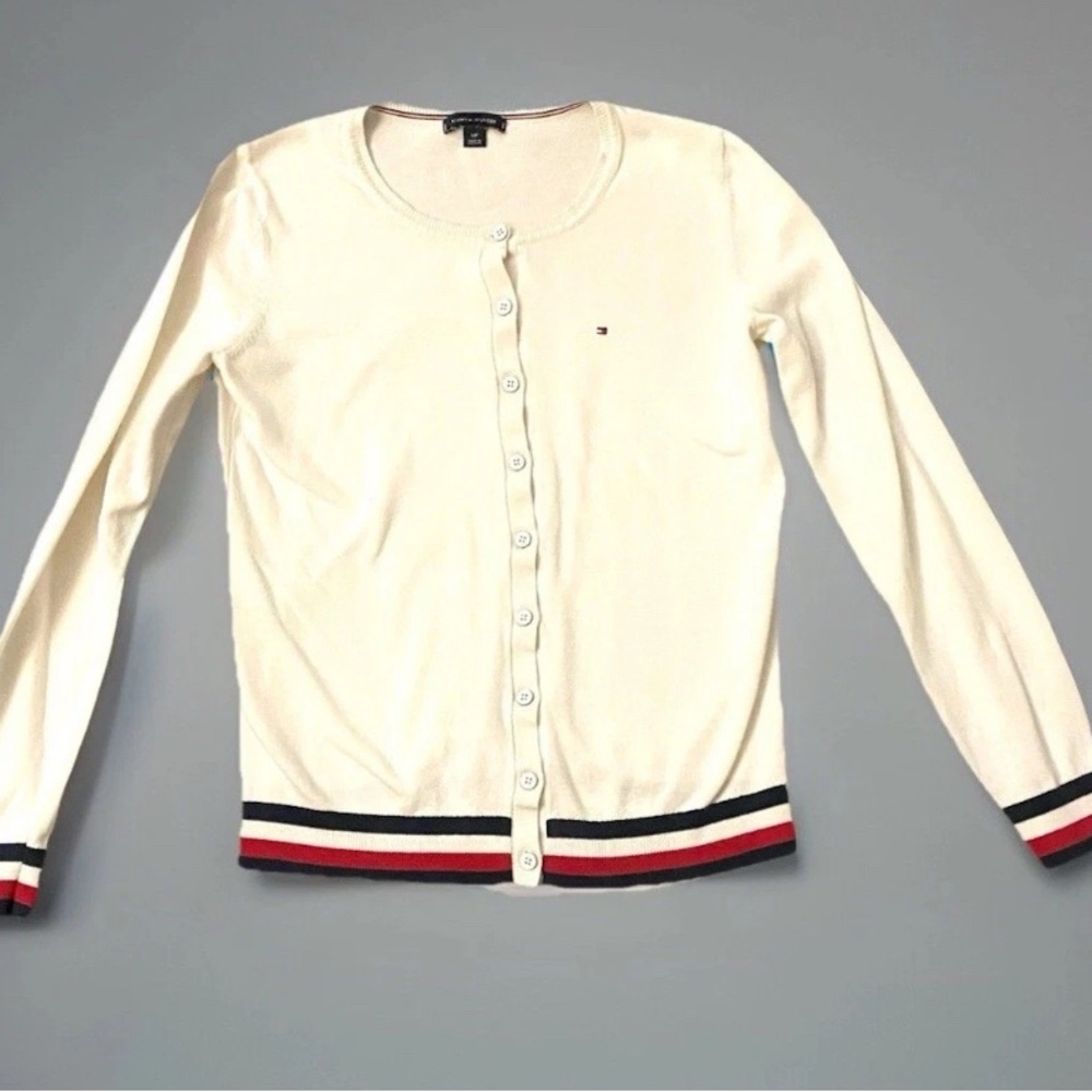 Tommy Hilfigerβ Womenβs White Cardigan With Red & Blue Stripes